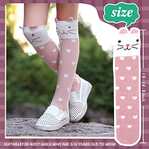 ZIBUYU® Girls Cotton Knee High Socks Cute Kitty Winter Warm Long Socks for Girl Christmas Gift 3-12 Years Old Boot One Pair Pink 2PCS