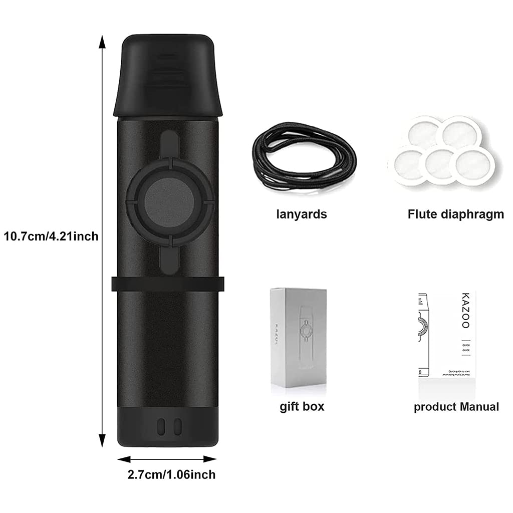 HASTHIP Kazoo Musical Instrument, Aluminum Alloy Kazoo with 5 Replaceable Kazoo Membranes, Lanyard, Mouthpiece Cover, Tunable Kazoo Music Instruments for Kids/Adults/Music Lovers (Black)