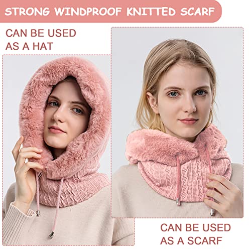 PALAY Winter Caps for Women Girls One-piece Knit Thick Warm Winter Hat with Neck Hood Scarf & Windproof Mask, Fashion Snow Proof Fleece Lined Winter Hat for Outdoor, Riding, etc (Pink)