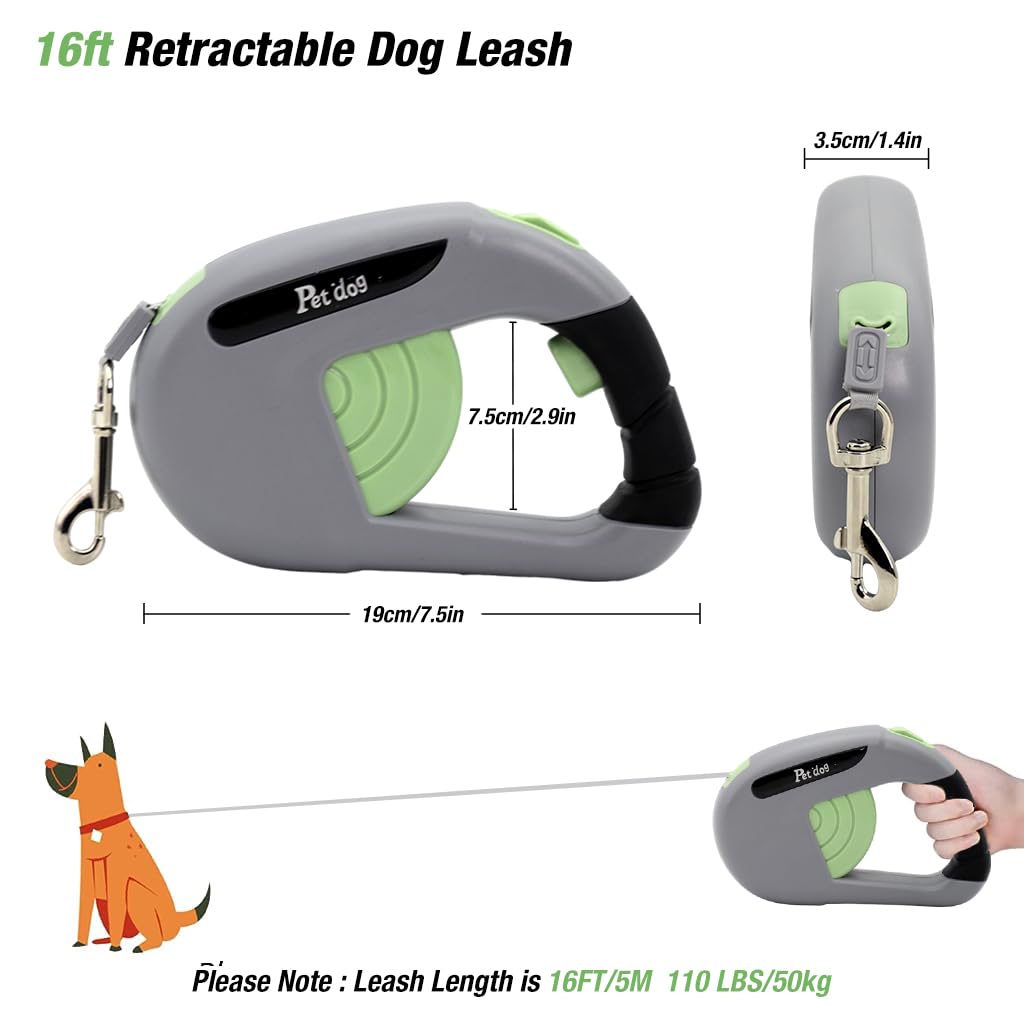 Qpets Retractable Dog Leash 16ft Dog Leash Ergonomic Anti-Slip Handle Dog Leash for Small to Large Dogs Up to 110lbs/50kg, Swivel Quick Release Buckle, One Button Lock & Release