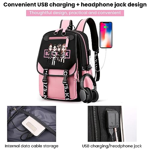 PALAY® Black Pink Bag for Girls School with USB Cable Jack Cute Backpacks Idol Print Design Laptop and Casual Student Accessories That Hold 16.8 Inch Books 2 PCS
