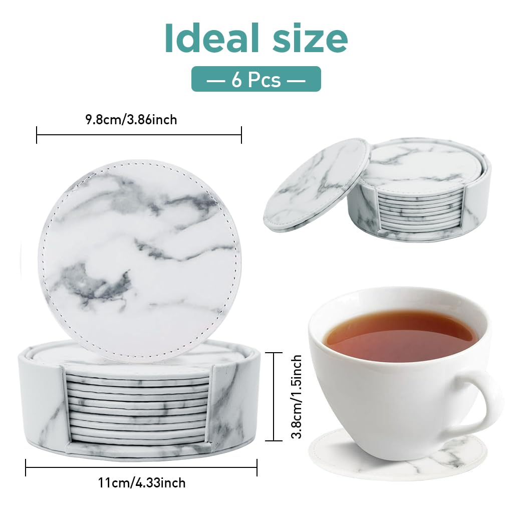 HASTHIP 6Pcs Leather Coasters for Drinks, Marble and Waterproof Coasters Table Protective Non-Slip Pads with Holder for Coffee Table and Office Desk, Leather Drink Coasters
