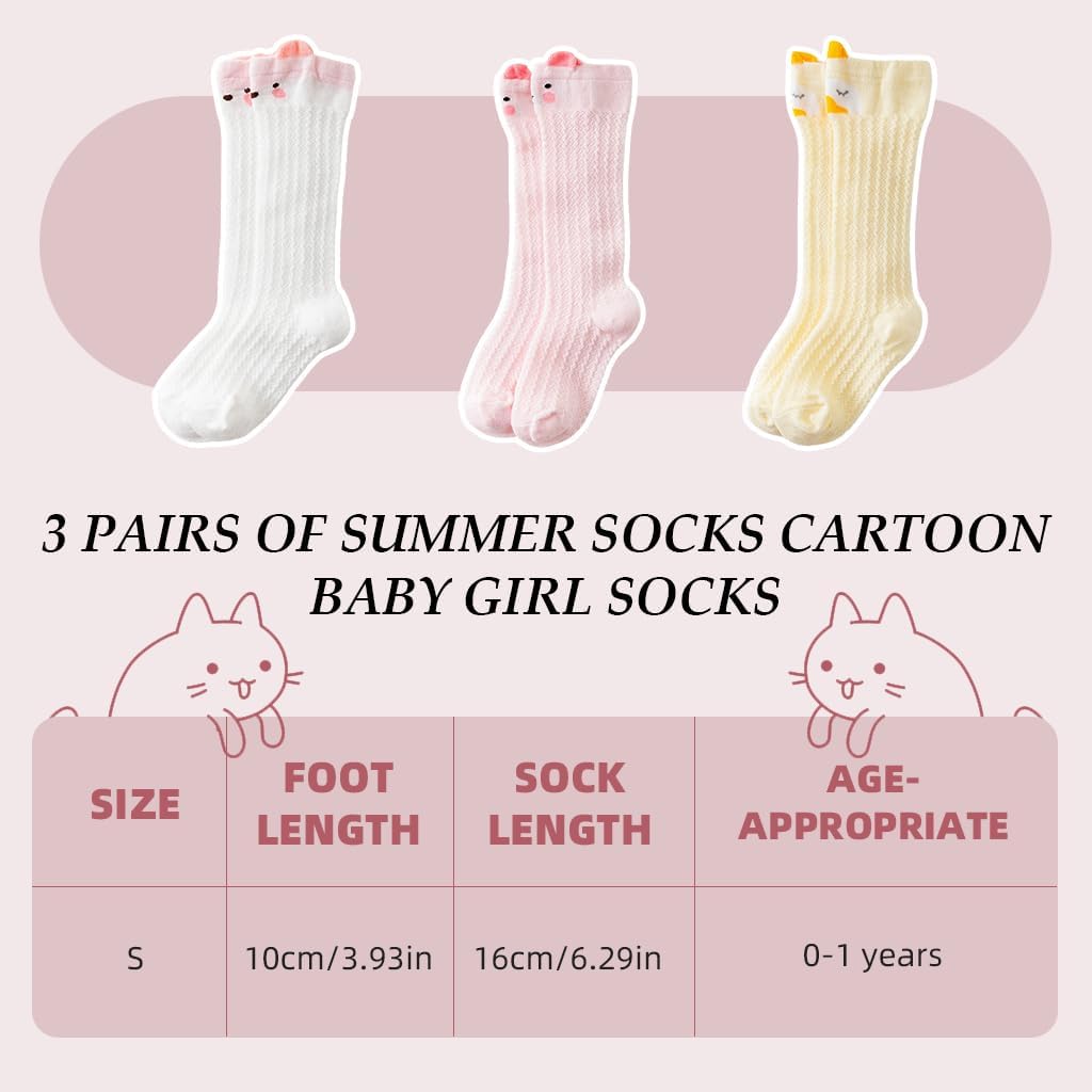 SNOWIE SOFT 3 Pairs Baby Girls Stocking Polyester Cotton Mesh Stocking Knee High Breathable Summer Stockings Cartoon Baby Stockings Gift for Baby Girls 1-3 Years Old, M