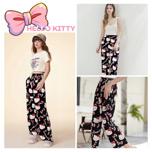SANNIDHI® Pyjama Pants for Women, Cartoon Kawaii Kitty Print Ultra-Soft Cotton Lounge Pants Comfy Casual Pajama Bottoms with Elastic Waistband Lounge Pants Sleepwear, 2XL, Black
