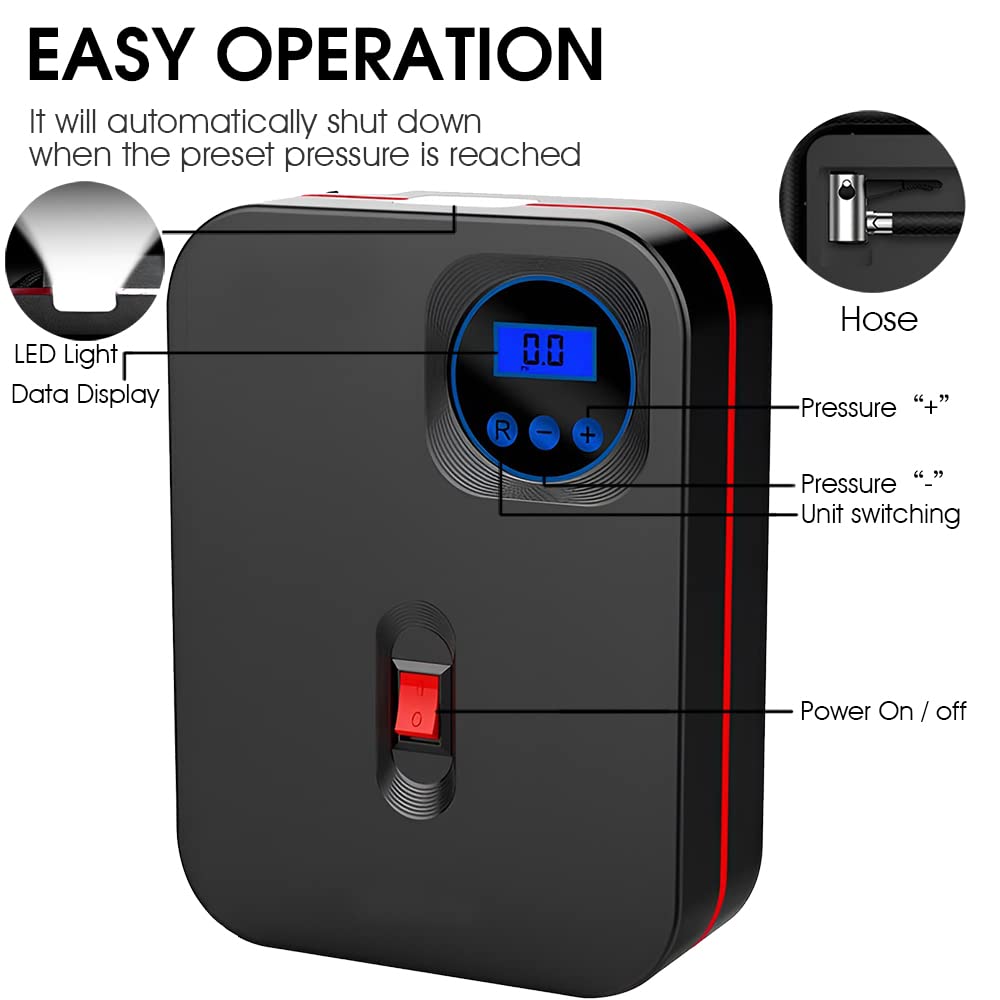 STHIRA Portable Air Compressor Tire Inflator 150PSI Auto Shut-Off Air Inflator with LED Light for Vehicle, Ballon, Bicycles