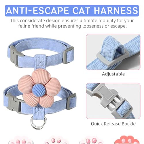 Qpets® Cat Harness with Leash Set for Small Cats Quick Release Buckle Escape-Proof Cute Flower Pet Belt Outdoor Walking Travel S Chest 25-41cm Neck 20-30cm 3PCS