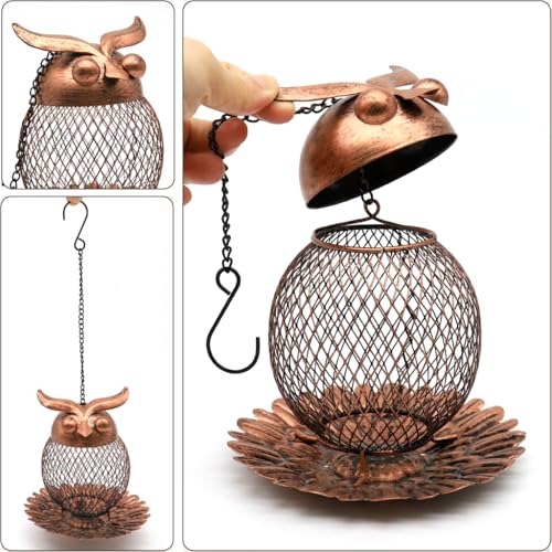 HASTHIP® Outdoor Bird Feeder Garden Ornament Hanging Metal Mesh Wire Owl Bird Feeder with Floral Bottom Tray Decorative Garden Ornament, 14.5x15cm