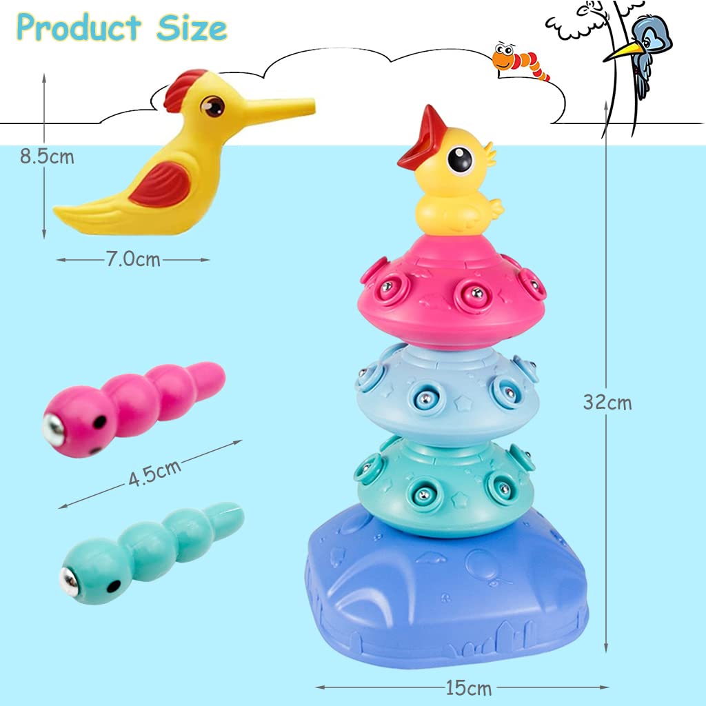 PATPAT Stacking Toy Magnetic Toys for Kids Fine Motor Skill Toys for Kids Electric Rotatable Toddler Woodpecker Catch and Feed Game, Bird Caterpillars Toy Set Montessori Toys for 3 Year Old Boy