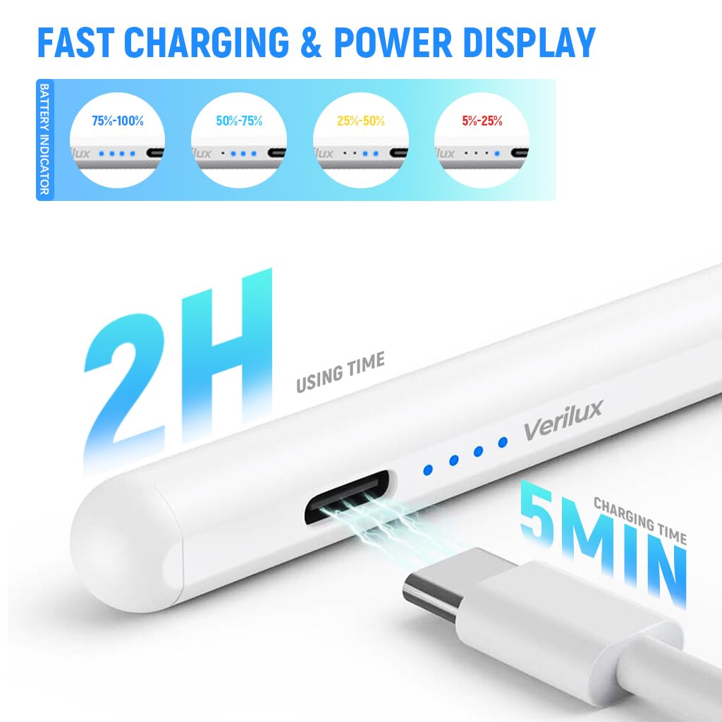 Verilux Stylus Pen for Android Tablet with Battery Indicator Stylus Pen USB-C Rechargeable Tablet, for IPad iPhone iOS/Android Xiaomi Pad Other Tablets Ipad Pencil 15 mins Fast Charging