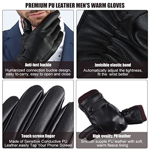 Proberos® Winter Gloves for Men PU Leather Fleece Warm Lining Touch Screen Fashion Driving Black Style 1 3PCS