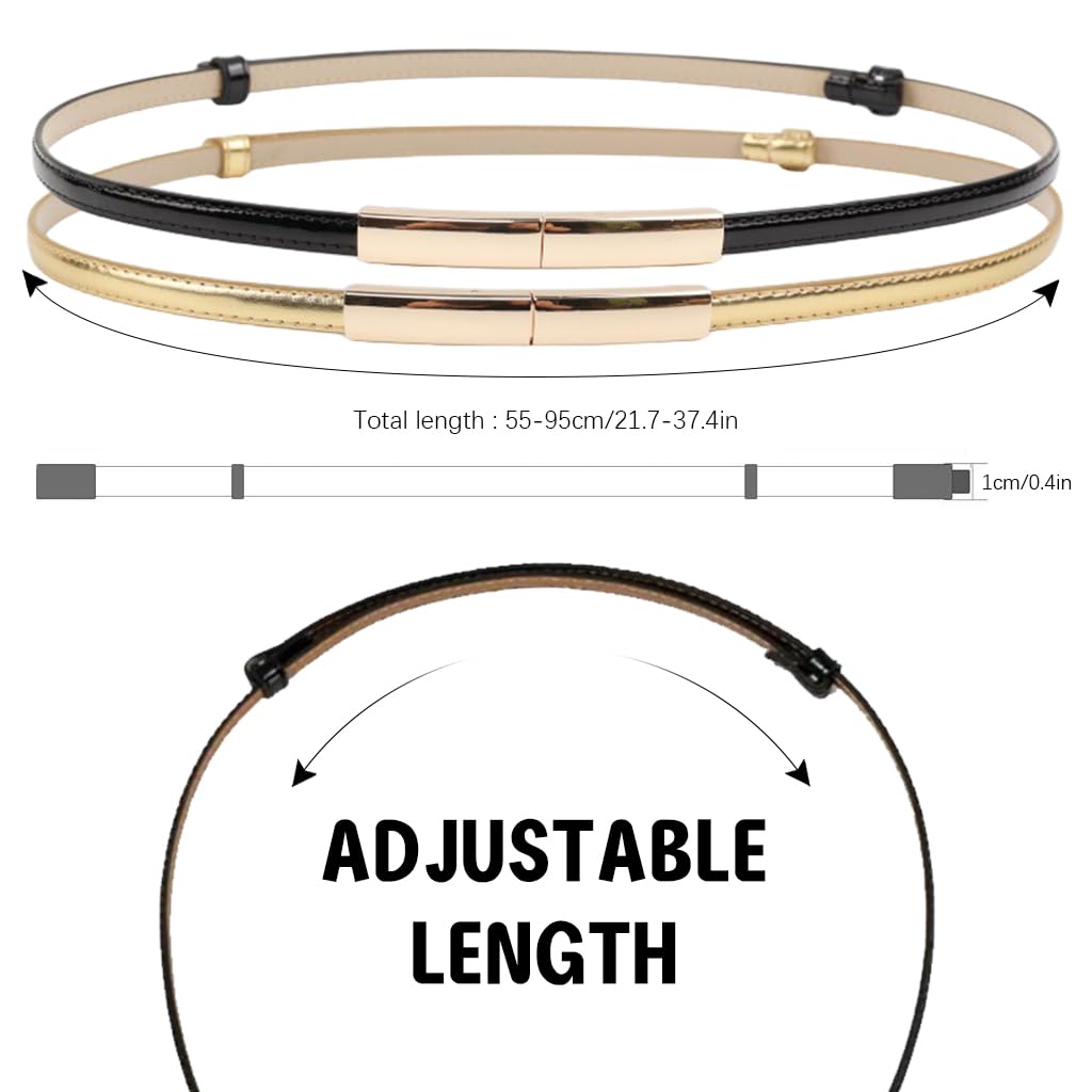PALAY 2Pcs Waist Belt for Women, PU Leather Belts for Women, Fashion Slim Women Belt, Ladies Gold & Black Belt for Women Dresses, Blazer, Sweater, Shirt (Interlock Metal Buckle Design)
