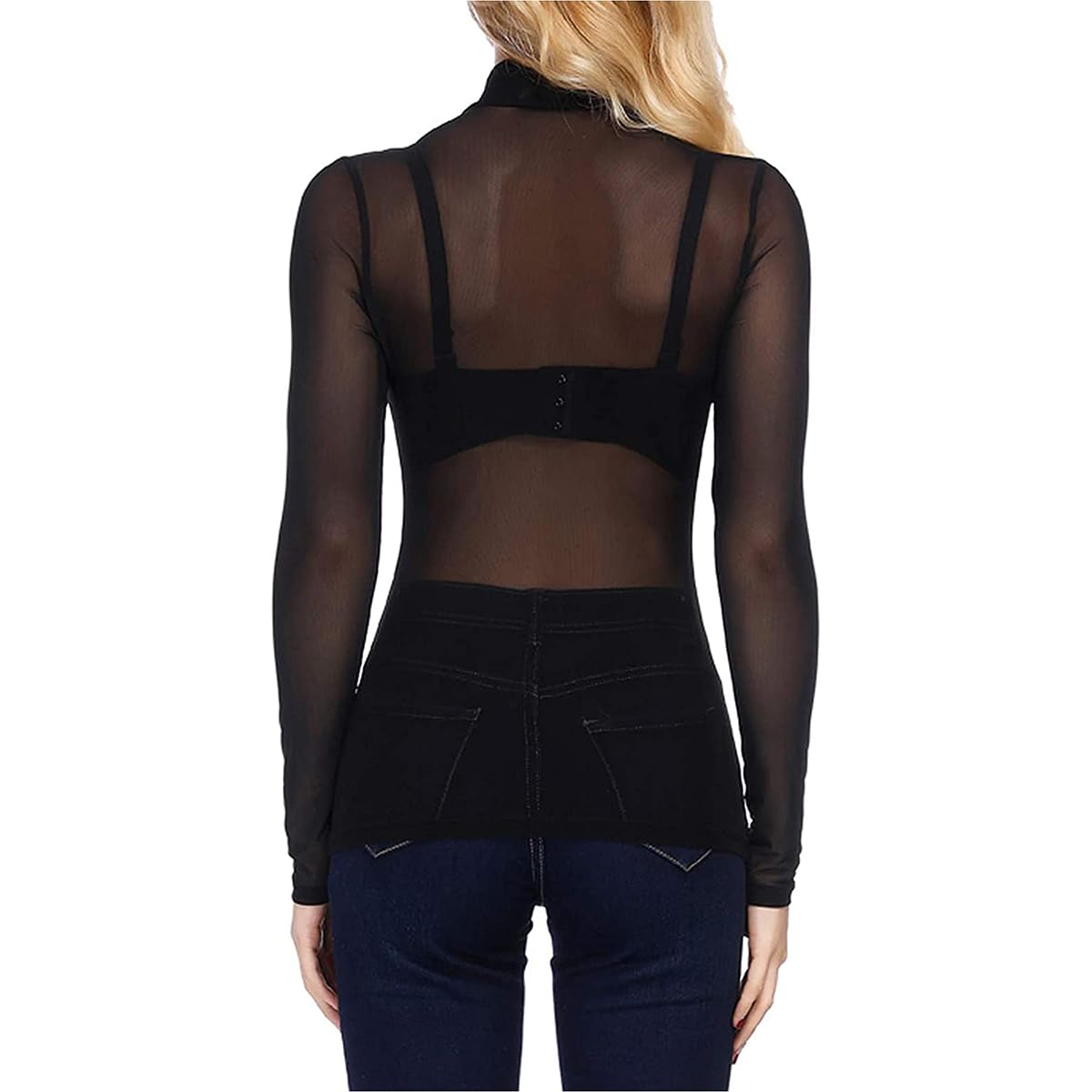 PALAY Women's Mesh Tops High Neck See Through Shirts Short Sleeve Long Sleeve Bodycon Sheer Slim Fit Blouse Clubwear, M