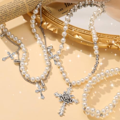 SANNIDHI® Pearl Necklace for Women Girls Gothic Rose Cross Pendant Chain Layered Stainless Steel Beads Choker Punk Aesthetic Jewellery Gifts 3PCS