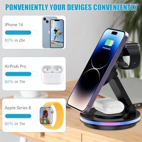 zitronix Magnetic Wireless Charger for iPhone 3 IN 1 Wireless Magentic Charger for iPhone, iWatch & Airpods Fashion Travel Folding Wireless Magentic Charger with Light, Universal Compatibility