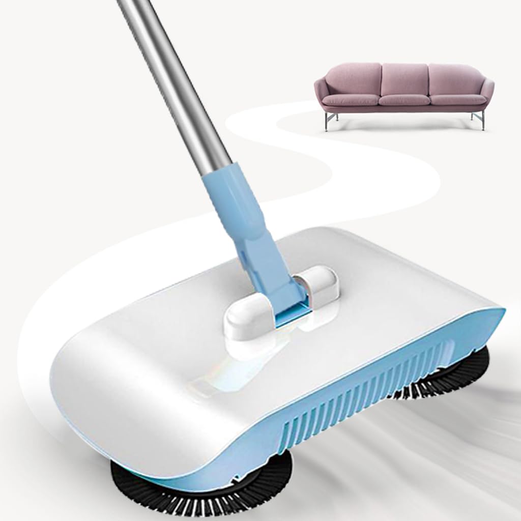 HASTHIP Manual Floor Sweeper & Mop, 2 in 1 Non-Electric Hand-Push Vacuum with 180° Spiral Dual Brushes, Sweeping Mop Crumb Sweeper for Carpet Floor Clean (Blue)