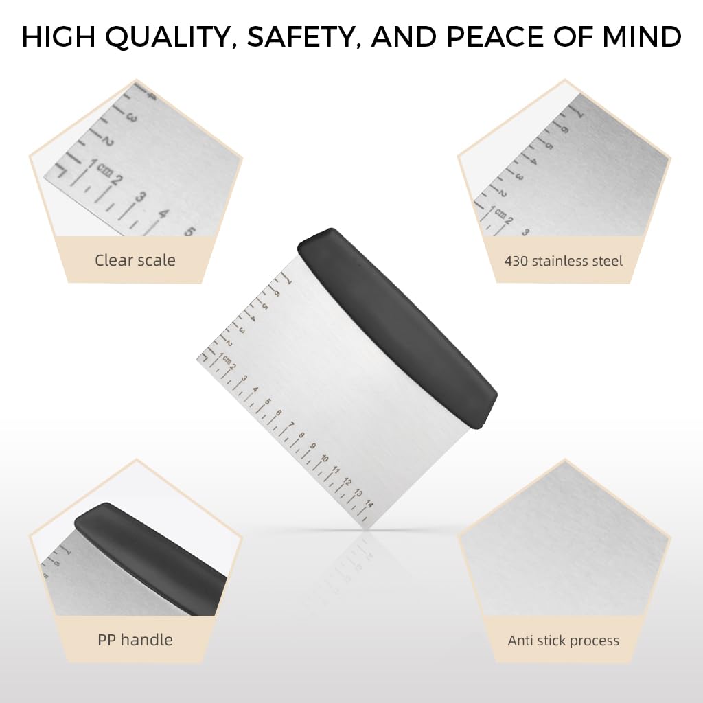 ZIBUYU Bench Scraper Stainless Steel Scraper with Scales PP Handle 6.3 Inches Dough Scraper Multi-Purpose Kitchen Cooking Pastry Scraper Knife Scale, (Black)