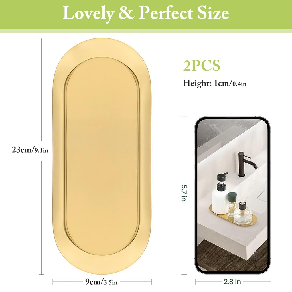 HASTHIP 2Pcs Golden Trays Stainless Steels Jewelry Organizer Trays Dressing Table Organizer Trays Bathroom Vanity Trays Multi Purpose Organizer Trays Kitchen Food Trays, 23x9cm