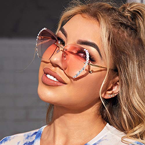 PALAY UV400 Protective Sunglasses for Women Stylish with Storage Box Glasses Cloth, Rimless Diamond Cutting Lens Women Sunglasses for Summer Driving Shades for Women(Style 2)