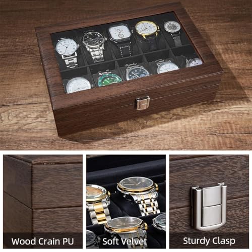 SANNIDHI® Wrist Watch Organizer Box Valuable Watch Display Box with Clear Window, 10 Watch Capacity, Velvet Fabric Liner, Wooden Wrist Watch Holder with Watch Pillows, 28.3x20.2x7.7cm