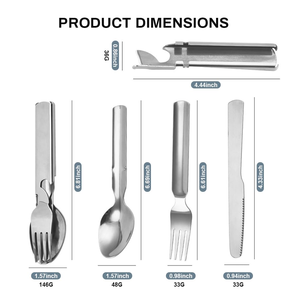 Supvox Portable Flatware Silvery Camping Stainless Steel Outdoor Tableware Set Travel Portable Fork Spoon Bottle Opener 4 in 1 Multi-Functional Dinning Cutlery
