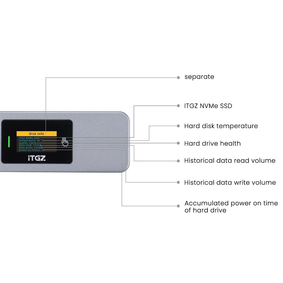 Verilux Smart M.2 Enclosure with Touchscreen, USB 3.2 Gen 2 10Gbps, Only Compatible with 2280 NVMe/ PCIe and NGFF/SATA SSD, Support M-Key B+M Key, External Enclosure Support UASP Trim