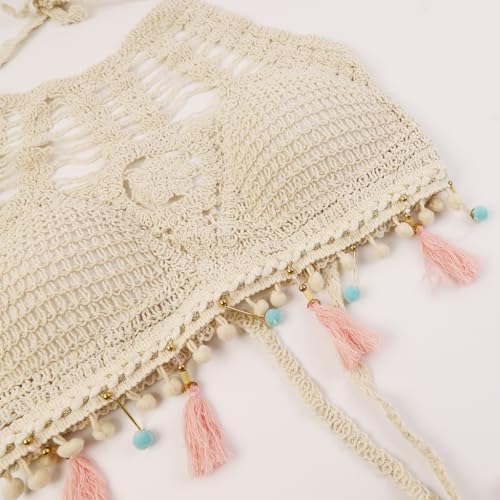 PALAY® Women's Summer Beach Backless Crochet Halter Bikini Crop Top Crochet Hollow Out Tassle Embroidery Knit Boho Beachwear 3 PCS