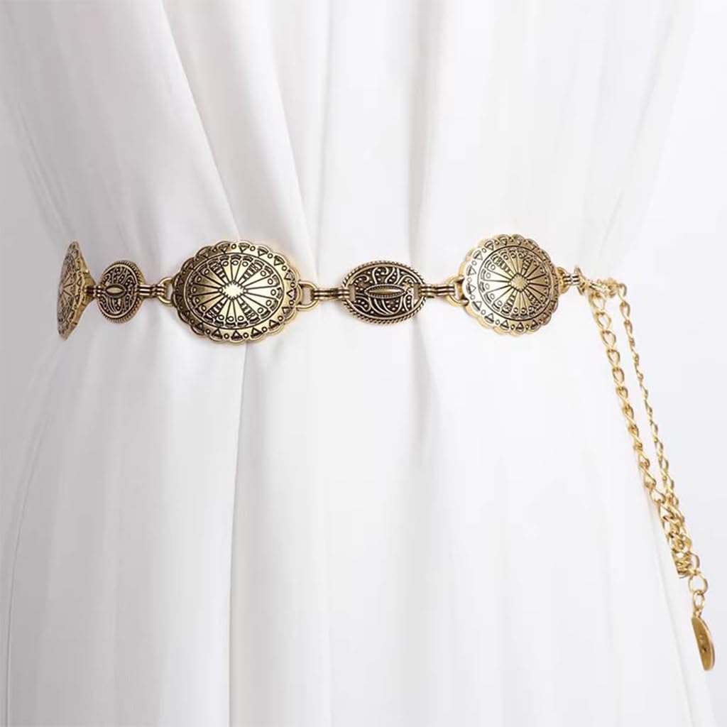 PALAY Waist Belt for Women Golden Metal Concho hip belt for women saree Waist Belt Adjustable boho Western Fashion saree Belt women Chain Belts for Dresses, Jeans, Skirts