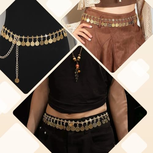 SANNIDHI® Waist Chain Gold Coin Tassel Belts Boho Belly Hip Chains for Women Saree Adjustable Vintage Western Fashion Cowgirl for Dresses Jeans Skirts 3 PCS