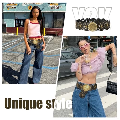 SANNIDHI® Women Leather Belt Dresses Stylish Vintage Boho Disk Concho Waist Western Punk Cow Metal Buckle Y2K Accessories Jeans Skirts Black 2PCS