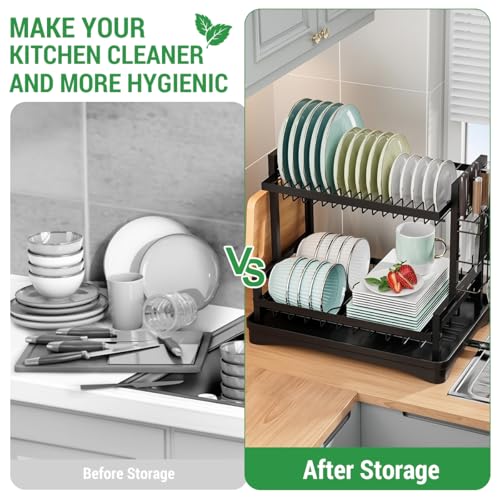 HASTHIP® Dish Drying 3-Layer Drain Rack, Plates Dishes Dry Rack with Removable Water Catch Tray Stainless Steel Kitchen Organizer Modern Kitchen Cutlery Organizer, 43x23.5x63cm-Metallic Silver