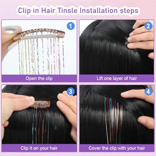 MAYCREATE® 12PCS Hair Tinsel Extensions for Women Girls Glitter 20 Inch Clip-in Fairy Highlight Sparkling Clips for Party Festival Colorful