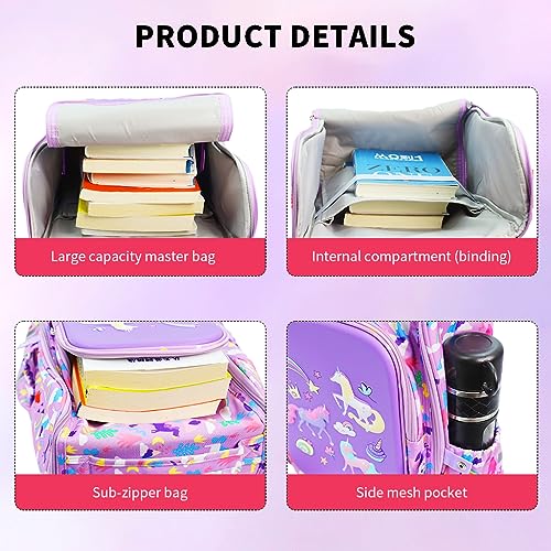 PALAY® Girls School Backpack Unicorn Cartoon Primary Bookbag for Travel Camping Waterproof Burden Relief Gift Kids 5-10 Years Old Purple 2 PCS