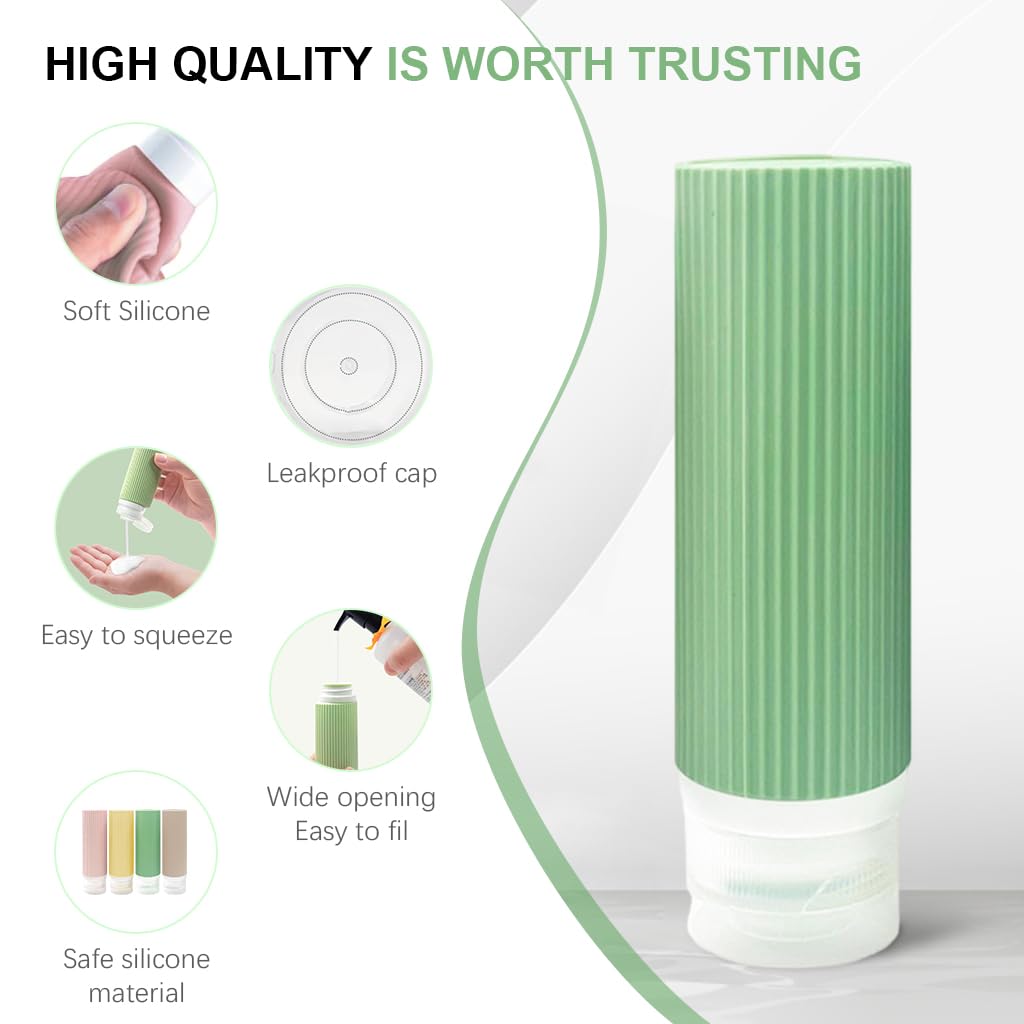 MAYCREATE 4Pcs 3oz Travel Bottles for Toiletries, Silicone Travel Bottle Kit for Toiletries, Squeeze Small Bottles for Travel, Refillable Leakproof Bottles for Shampoo Lotion, with Storage Pouch