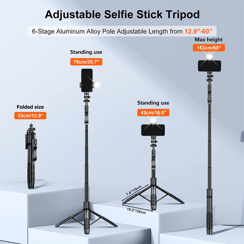 ZORBES 60'' Retractable Phone Tripod Rotatable Selfie Stick Tripod for Phone & DSLR Professional Photography Tripod with Fill Light, Lightweight Selfie Stick Tripod with Bluetooth Remote