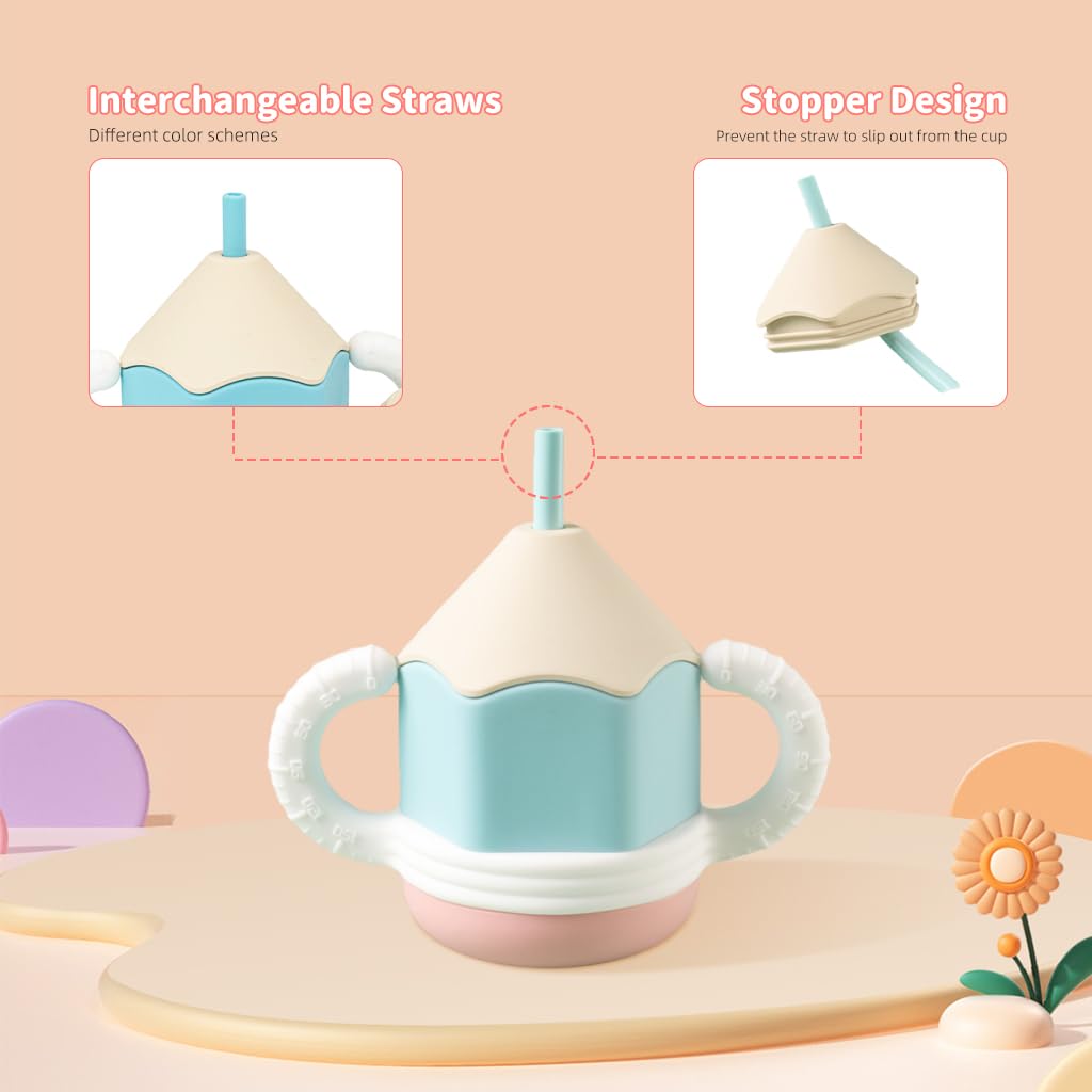 SNOWIE SOFT Silicone Cup for Baby Portable Silicone Training Cup with Ears Baby Cup with 2 Lids, Soft Silicone Straw Bottle for Kids, BPA-Free, Spill Proof Non-Slip Sippy Cup for Toddlers