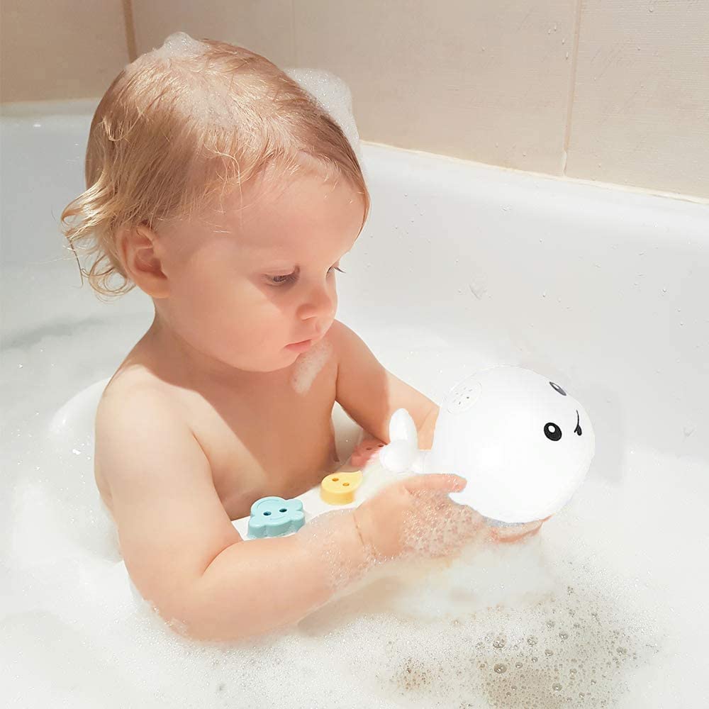 PATPAT Baby Bath Toys, Whale Spray Toy Whale Induction Spray Water Toy with LED Light Up Sprinkler Toy for Kids Toddler Infant 0-6 Months,1,2,3,5 Years Bathtime Gift - White