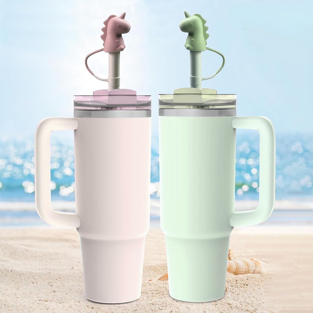 HASTHIP 2Pcs Kids Silicone Straws with Cartoon Dino Cap 12 inches Silicone Straws for Water Bottle, BPA -free Silicone Straws Toddlers Drinking Cartoon Silicone Straws, with Cleaning Brush