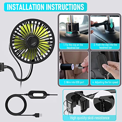 Verilux® USB Fan for Car Back Seat Headrest Mounted 5V Mini with 3 Speed Flexible Arm Switch Controller Baby Passengers Plug and Play 2PCS