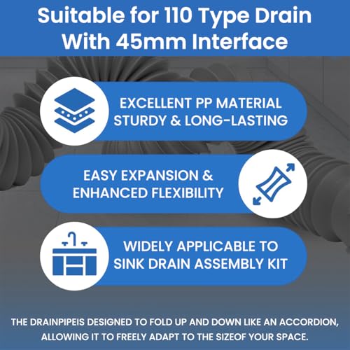 HASTHIP® Kitchen Sink Drain Pipe Kit with Universal Fit 3.35-4.33 Inches Stainless Steel Flange U-Shaped P-Trap Water Retaining Lid Anti-Clog Anti-Odor Robust for Home Use 3PCS