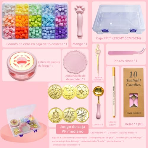 HASTHIP® Wax Seal Stamp Set 15 Multicolor Beads 6 Stamps Pink Cat Claw Handle Warmer Spoon Tweezers 10 Tealights Silicone Mat Craft DIY Gift Kit for Personalized Invitations Packaging 3 PCS