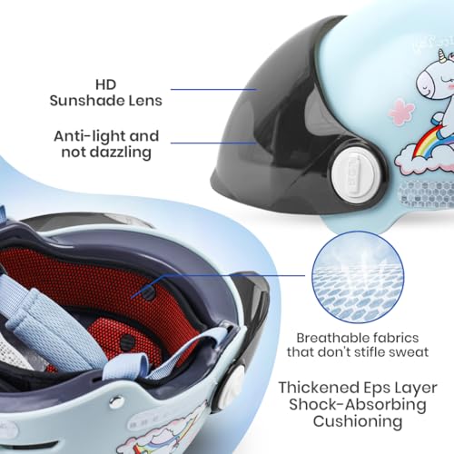 Proberos® Kids Bike Scooter Safety Helmet for 7-14 Year with UV Protection Visor Adjustable Chin Strap Anti-Impact Cushioning Cartoon Bunny Ear Unicorn Bicycle for Girls Boys Blue 2PCS