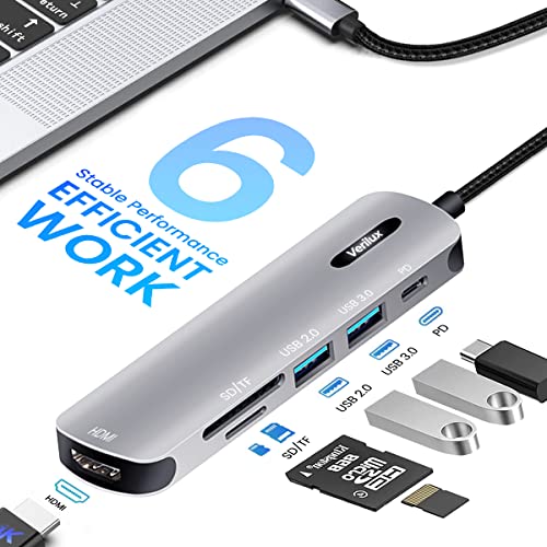 Verilux® USB C HUB 6 in 1 to HDMI Adapter 4K 30Hz 3.0 2.0 Multiple Port SD TF Card Reader PD 100W Charging Type for Laptop MacBook Pro Air Long Cable 20CM 3PCS