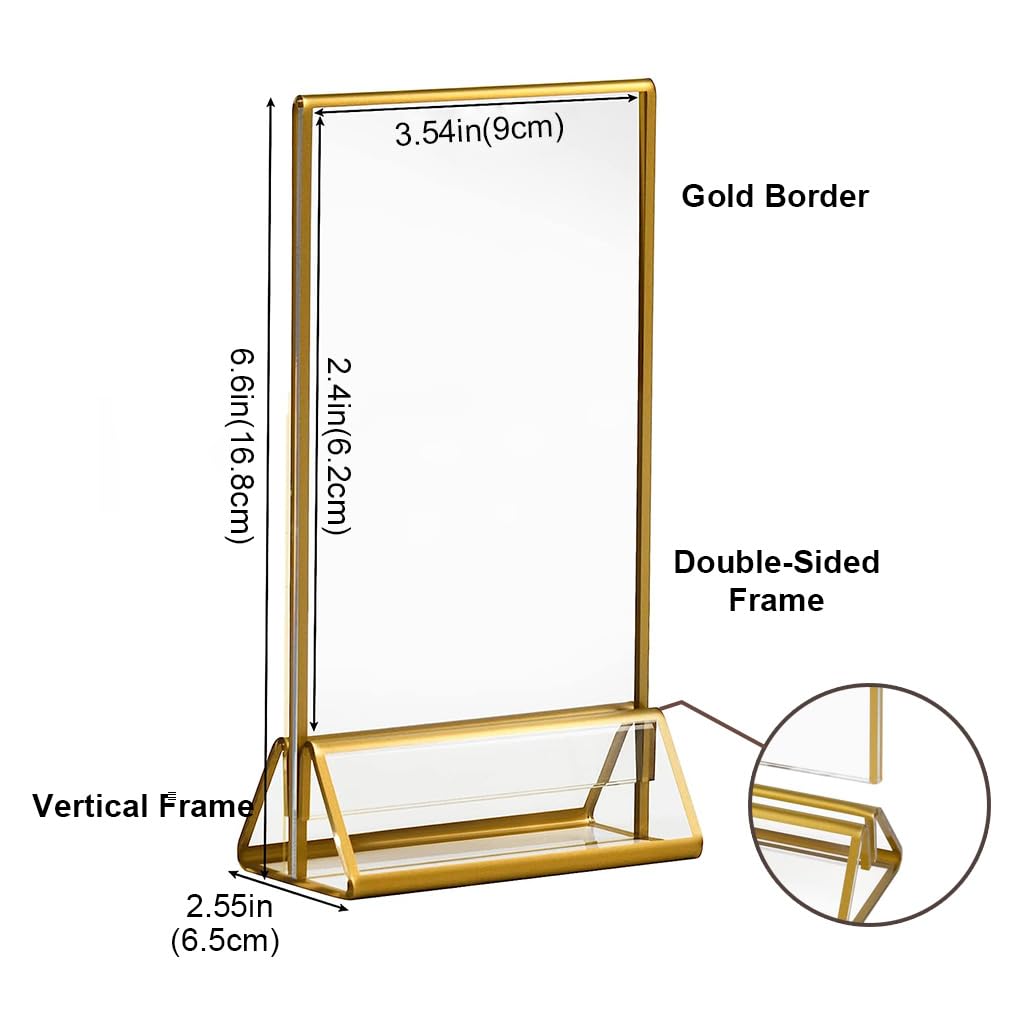 Climberty 6Pcs Acrylic Gold Sign Holders, 4x6 inch Clear Picture Frames with Gold Borders and Vertical Stand, Double Sided Table Menu Display Stand for Restaurant Signs, Wedding Table and Photos