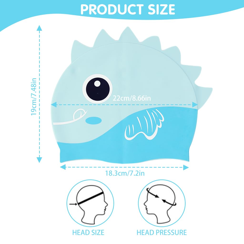 Proberos Kids Swimming Cap Slicone Swimming Cap with Nose Clip & Earplugs Blue Cartoon Dinosaur Swimming Cap for Boys Girls