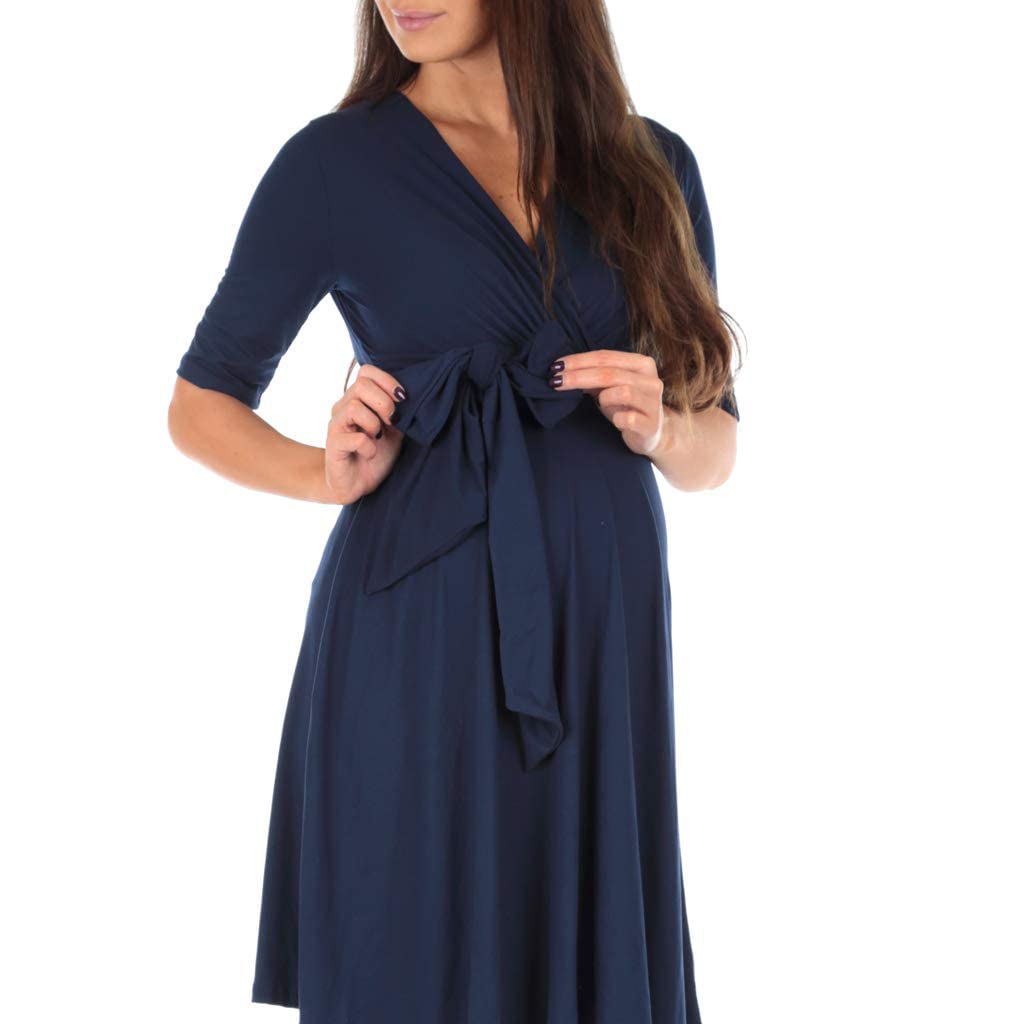 PALAY Maternity Dress for Women with Fasten Belt, Stylish V-Neck Pregnancy Dress for Nursing Pre and Post Pregnancy, Knee Length Western Maternity Dress (M)