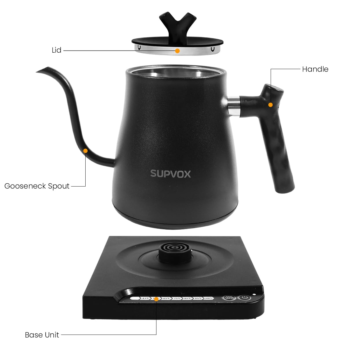 Supvox Gooseneck Electric Kettle for Hot Water Kettle with Temperature Control 1 Liter Hot Water Boiler for Home 1000W Electric Tea Maker Machine with 7 Temperature Button for Pour Over Coffee