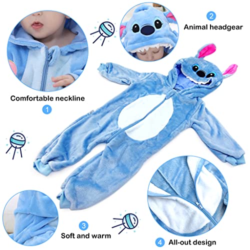 SNOWIE SOFT Baby Jumpsuit for Boys Girls, Toddler Baby Romper Flannel Cartoon Dress Warm Soft Pajamas for Kids Party Cartoon Stitch Jumpsuit for Girls Boys (12-18 Month)