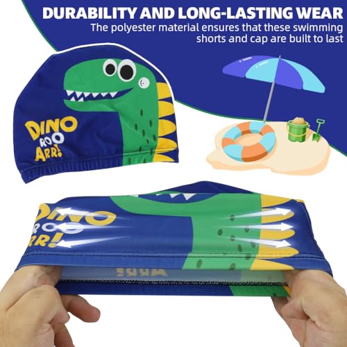 Proberos® 3 Pcs Kids Boys Swimming Costume and Cap Set UPF50+ Sunprotection Cartoon Dinosaur Polyester Shorts Elastic Waist Design Summer Gear for 5-12 Years Old 30-35kg
