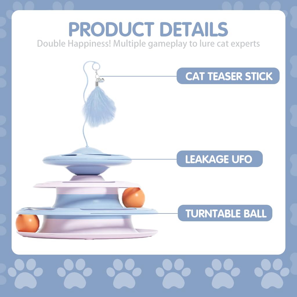Qpets Cat Turntable Toy, 3 in 1 Cat Interactive Toys-Cat Teaser Stick, Double Track Turntable Ball, Detachable Snack Dispenser, PP Material Cat Amusement Plate Puzzle Pet Cat Toy