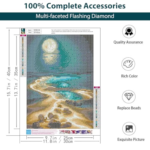 HASTHIP® DIY 5D Diamond Painting Art Kit Dreamy Beach Moonlit Night Beginner for Home Decor No Frame Wall 12 x 16 Inch 3 PCS